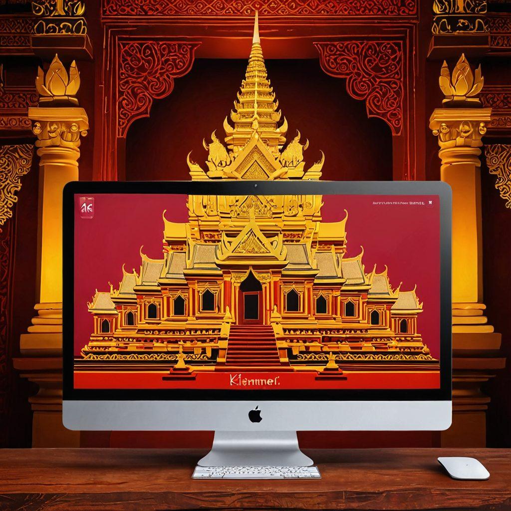 A modern computer screen displaying a visually enticing Khmer digital platform with subtle erotic elements, vibrant Khmer architecture in the background, and sleek interface hints. The mood is sensual yet sophisticated, with shades of deep red and gold. Vector art. Vibrant colors.
